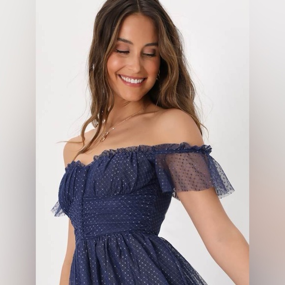 NWT Lulus Regal Radiance Navy Blue Tulle Bustier Midi Dress Latge - Picture 3 of 7